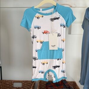 Kyte BABY Kids Pajama Set with Vehicle Print - Teal and White